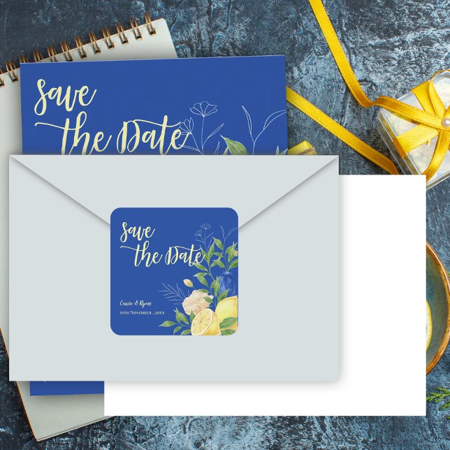 Romantic Blue Flowers Lemon Wedding Save the Date Square Sticker (Romantic Blue Flowers Lemon Wedding Save the Date Square Sticker)