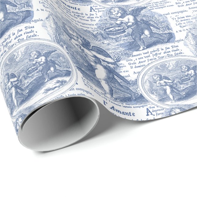Romantic Blue French Toile Cupids in Love Wrapping Paper (Roll Corner)