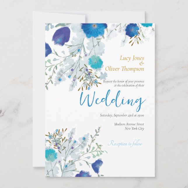 Romantic, Blue & Gold, Floral Wedding Invitation (Front)