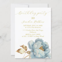 Romantic blue golden flower Birthday Invitation