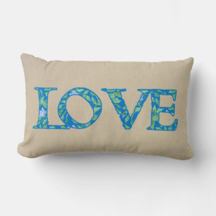 Romantic Blue Green Periwinkles Floral LOVE design Lumbar Cushion