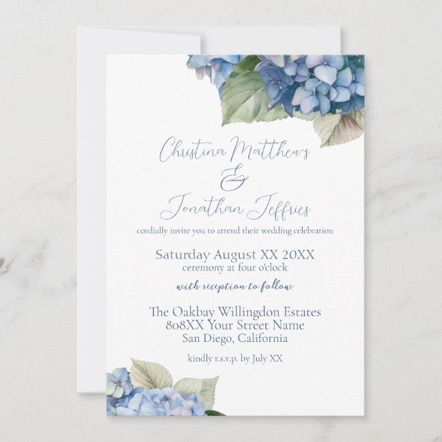Romantic Blue Hydrangea Flowers Invitation (Front)