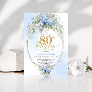 Romantic Blue Hydrangea Gold Floral 80th Birthday Invitation