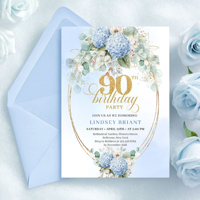 Romantic Blue Hydrangea Gold Frame 90th Birthday Invitation (Romantic Blue Hydrangea Gold Frame 90th Birthday)