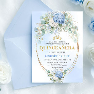 Romantic Blue Hydrangeas Gold Quinceañera Invites