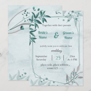 romantic blue leaves floral geometric wedding invitation
