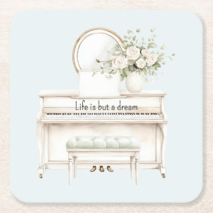 Romantic Blue life dream Piano White Roses Wedding Square Paper Coaster