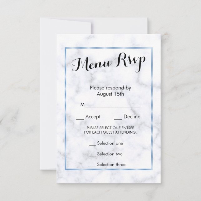 Romantic Blue Marble Wedding Menu RSVP (Front)