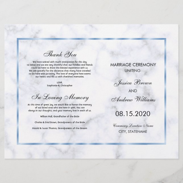 Romantic Blue Marble Wedding Program (Front)