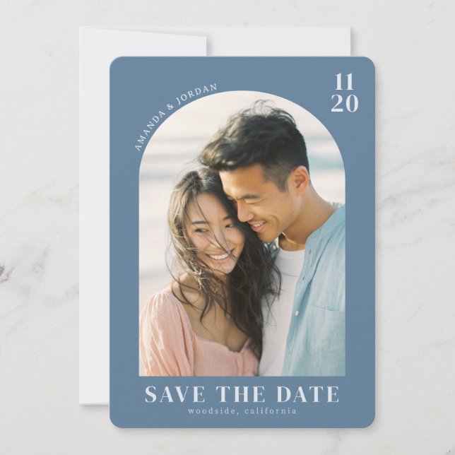 Romantic Blue Minimalist Photo Save The Date (Front)