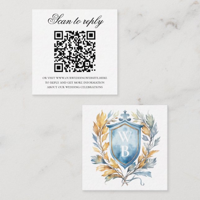 Romantic Blue Monogram Crest Wedding QR Code Enclosure Card (Front/Back)