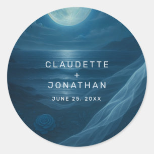 Romantic Blue Moonlit Beach Custom Names Wedding Classic Round Sticker