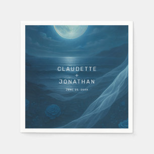 Romantic Blue Moonlit Beach Custom Names Wedding Napkin