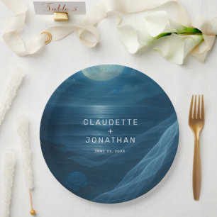 Romantic Blue Moonlit Beach Custom Names Wedding Paper Plate