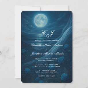 Romantic Blue Moonlit Beach Wedding Invitation