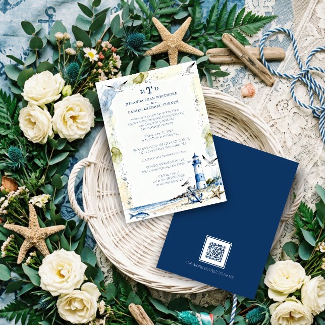 Romantic Blue Nautical Lighthouse Coastal Wedding Invitation (Romantic Blue Nautical Lighthouse & Coastal Wedding Beach Shore Marine Theme Invitation. )