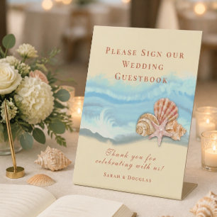 Romantic Blue Ocean Wave and Seashells Guestbook Pedestal Sign