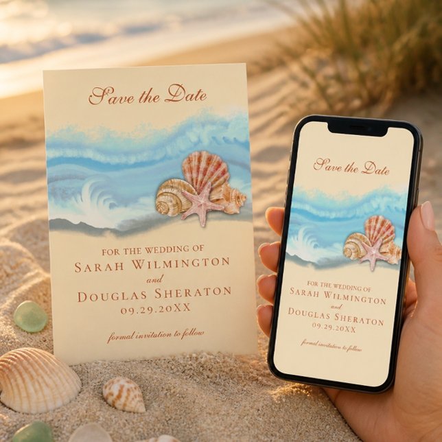Romantic Blue Ocean Wave & Seashells Wedding Invitation (Creator Uploaded)