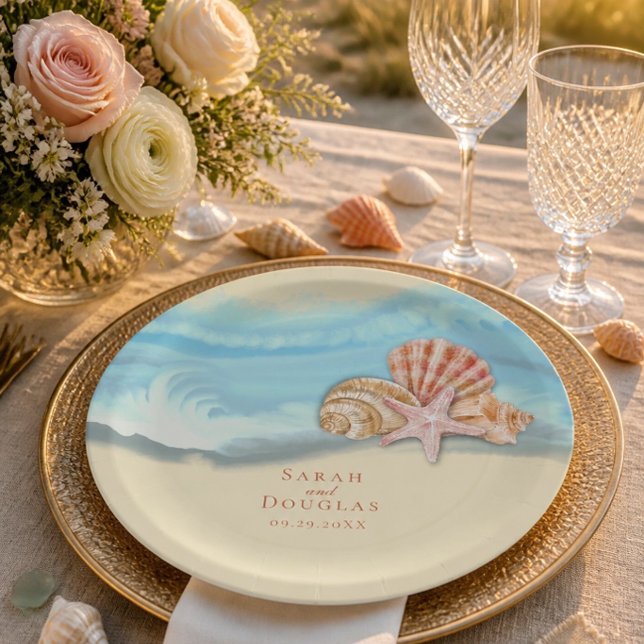 Romantic Blue Ocean Wave & Seashells Wedding Paper Plate (Creator Uploaded)