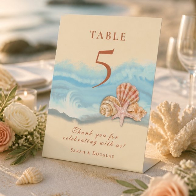 Romantic Blue Ocean Wave & Seashells Wedding Pedestal Sign (Creator Uploaded)
