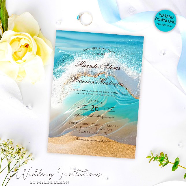 Romantic Blue Ocean Waves Tropical Beach Wedding Invitation (Creator Uploaded)