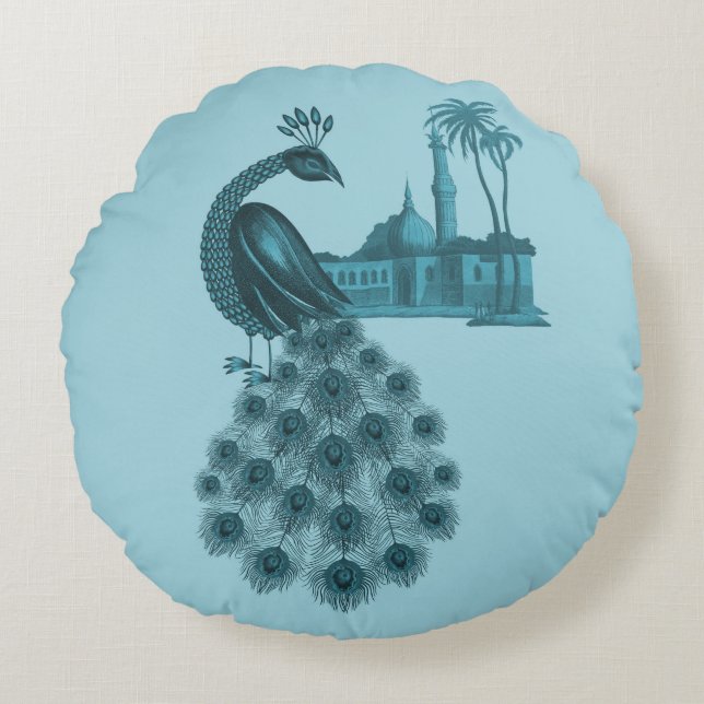 Romantic Blue Peacock Round Cushion (Front)