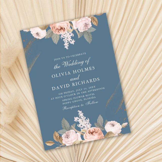 Romantic Blue Peonies Wedding Invitation (Romantic Blue Peonies Wedding Invitation on dry fan palm leaf.)