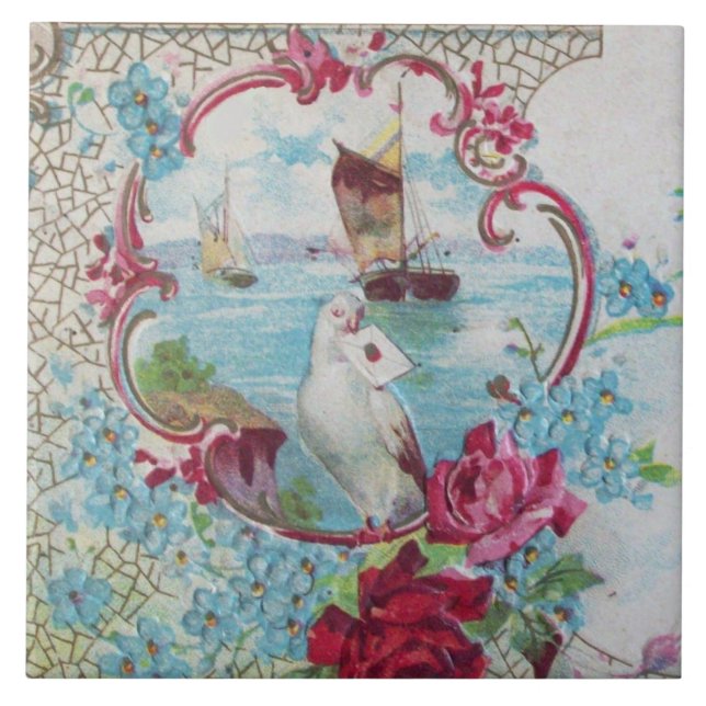 ROMANTIC BLUE PINK FLORAL,DOVE,ROSES AND SEASCAPE CERAMIC TILE (Front)