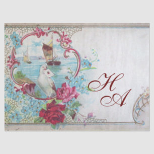 ROMANTIC BLUE PINK FLORAL,DOVE,ROSES AND SEASCAPE TISSUE PAPER