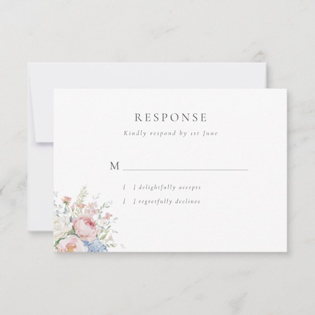 Romantic Blue & Pink Pastel Floral Wedding RSVP Card (Front)