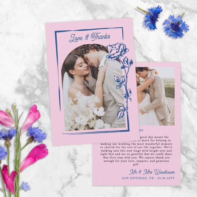 Romantic Blue Pink Rose Illustration Photo Wedding Thank You Card (Creator Uploaded)