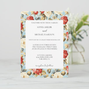 Romantic Blue Red Cream Roses Floral Wedding Invitation