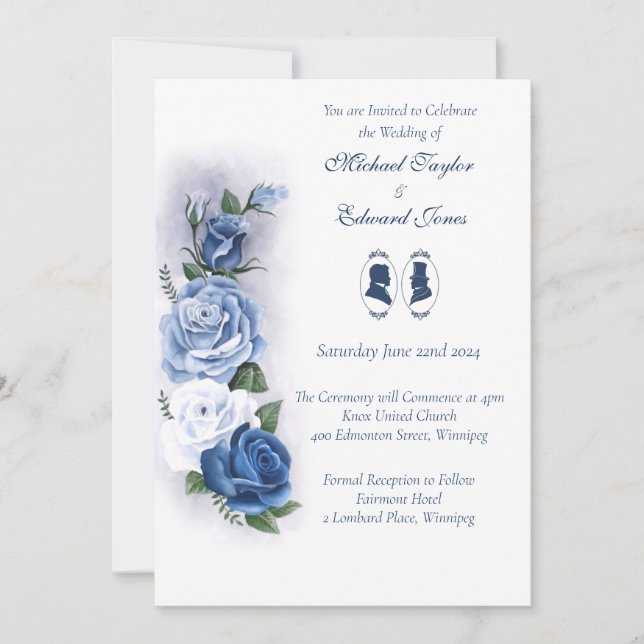 Romantic Blue Regency Gay Botanical Silhouette  Invitation (Front)