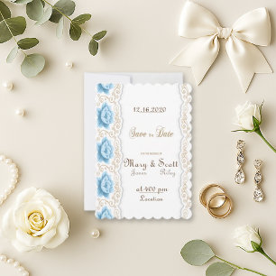 Romantic Blue Rose Gold Swirl Save The Date