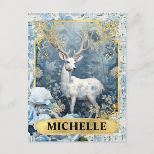Romantic Blue Roses and Deer Fantasy Postcard