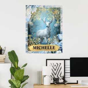 Romantic Blue Roses and Deer Fantasy Poster