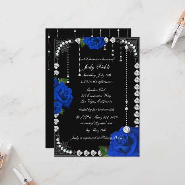 Romantic Blue Roses And Diamonds Bridal Shower Invitation (Front/Back In Situ)
