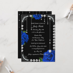 Romantic Blue Roses And Diamonds Bridal Shower Invitation