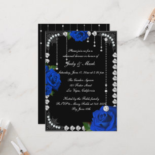Romantic Blue Roses And Diamonds Rehearsal Dinner Invitation