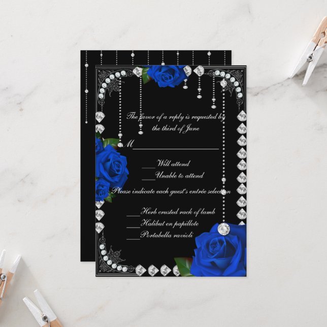 Romantic Blue Roses And Diamonds Response Card (Front/Back In Situ)