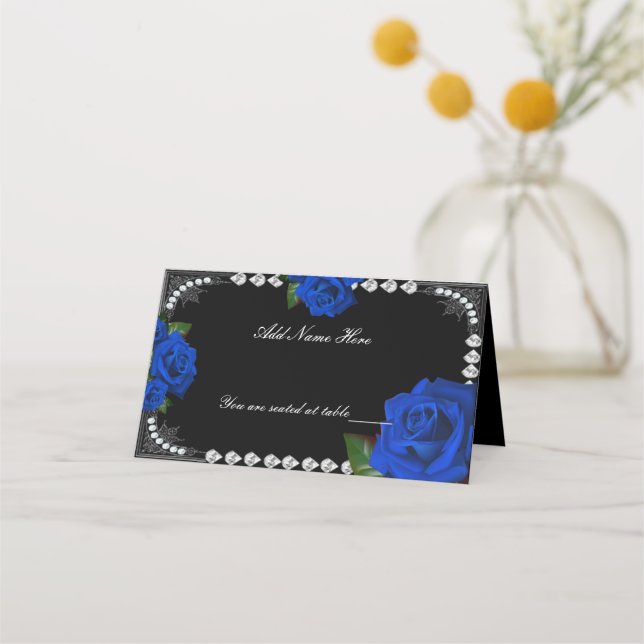 Romantic Blue Roses And Diamonds Table Place Card (Front)