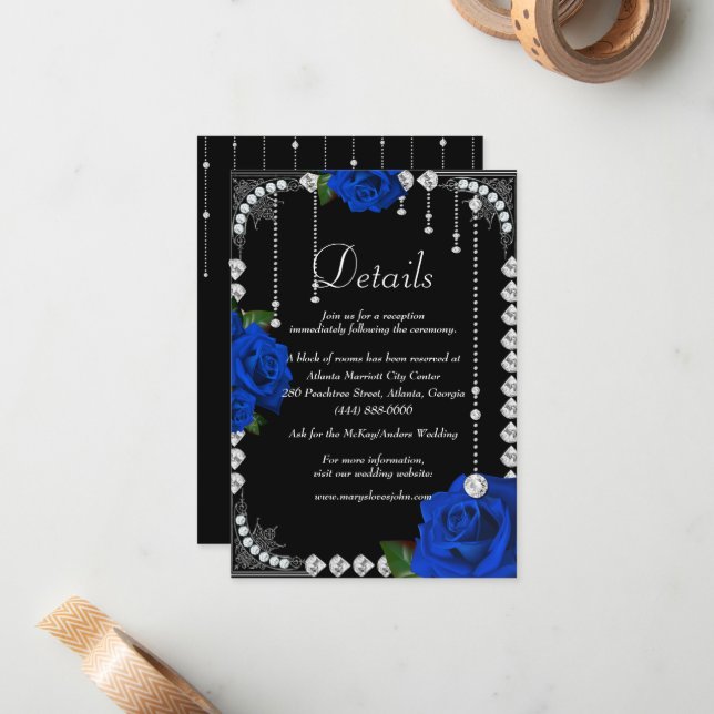 Romantic Blue Roses And Diamonds Wedding Details Card (Front/Back In Situ)