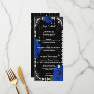Romantic Blue Roses And Diamonds Wedding Menu Card