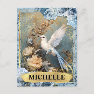 Romantic Blue Roses and Hummingbird Fantasy Postcard