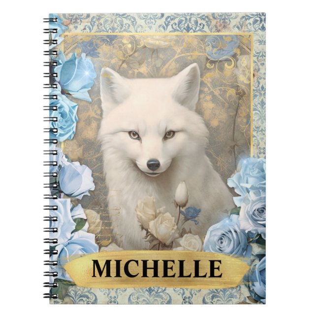 Romantic Blue Roses and White Fox Fantasy Notebook (Front)