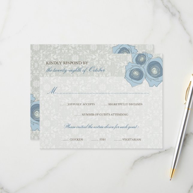 Romantic Blue Roses Damask Lace Elegant Wedding RSVP Card (Front/Back In Situ)
