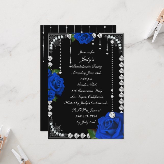 Romantic Blue Roses & Diamonds Bachelorette Party Invitation (Front/Back In Situ)
