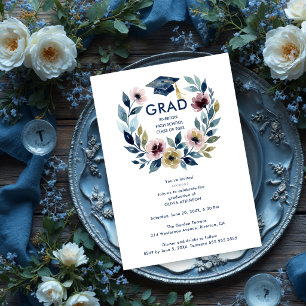 Romantic Blue Shades Floral Wreath Graduation Invitation
