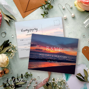 Romantic Blue Sunset Beach Wedding RSVP Postcard