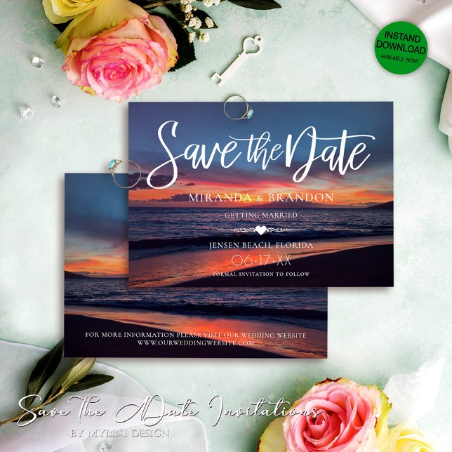 Romantic Blue Sunset Tropical Summer Beach Wedding Save The Date (Creator Uploaded)